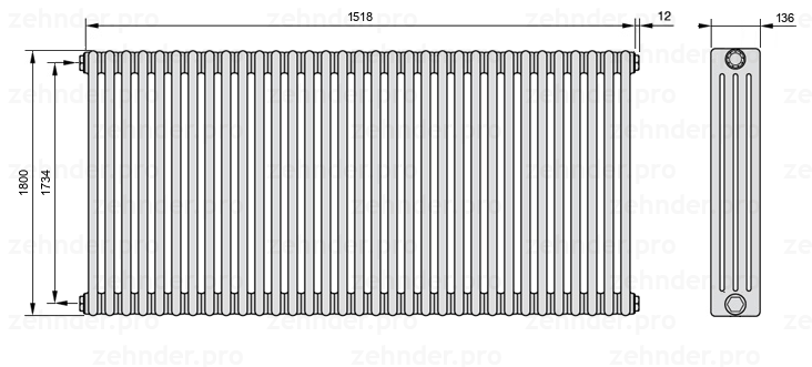 Схема (чертеж) Радиатор Zehnder Charleston 4180/33 №1270 Белый глянцевый RAL 9016